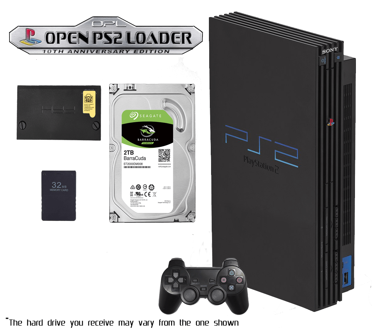 2TB Modded PS2 console with installed 2TB hard drive new capacitors visible and included McBoot memory card