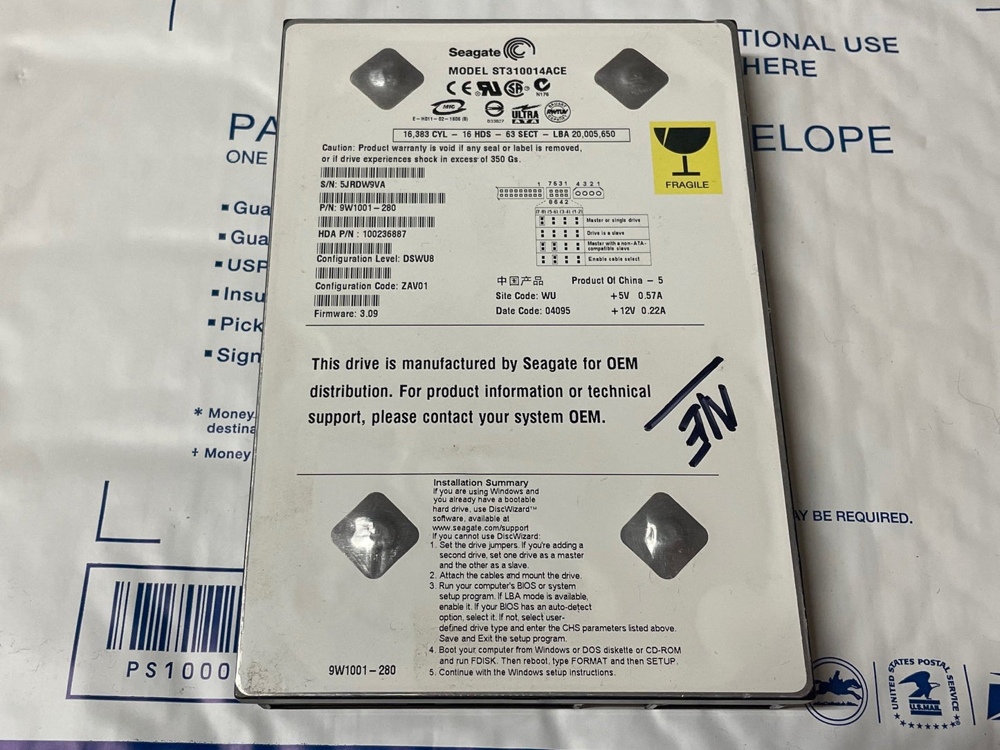 Seagate ST310014ACE 10GB Xbox OEM hard drive with factory label and EEPROM nulled code visible