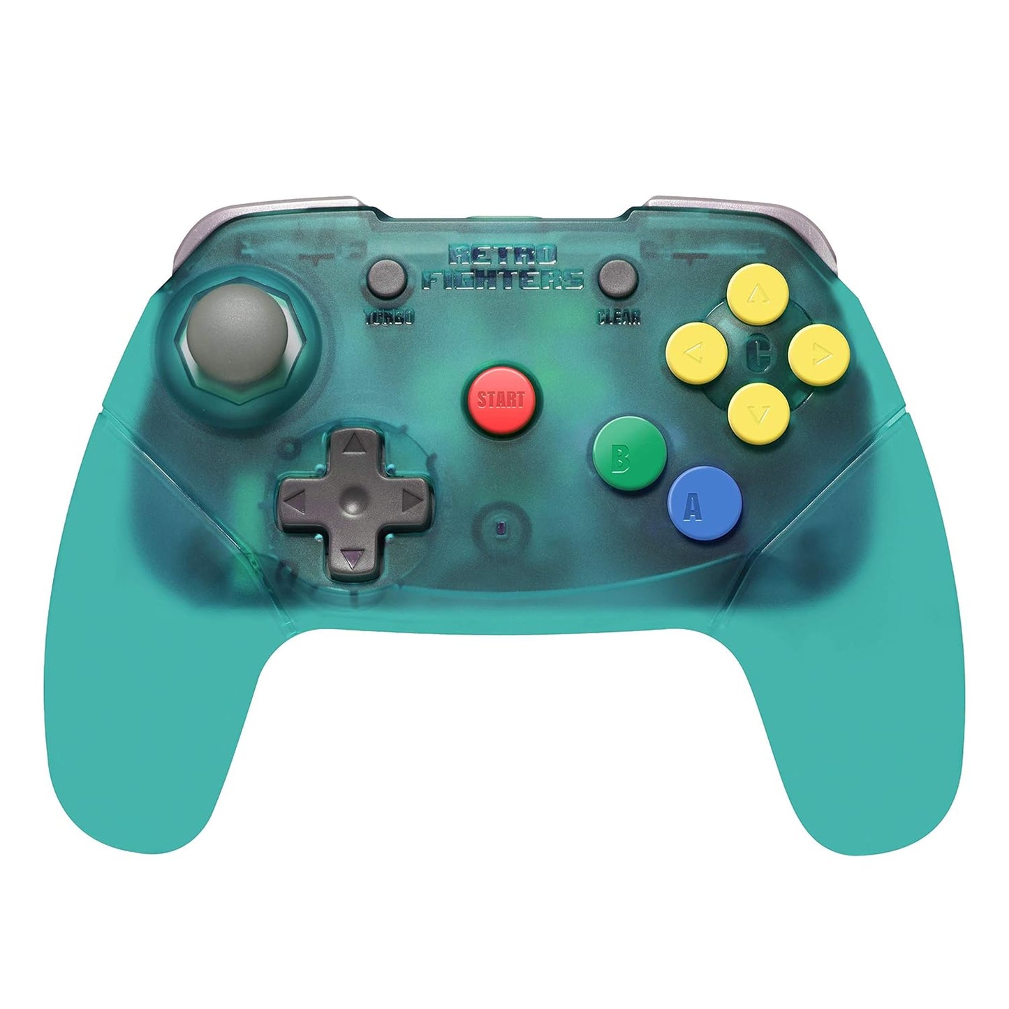 Retro Fighters Brawler64 transparent blue N64 controller with Hall effect joystick and ergonomic three-pronged shell